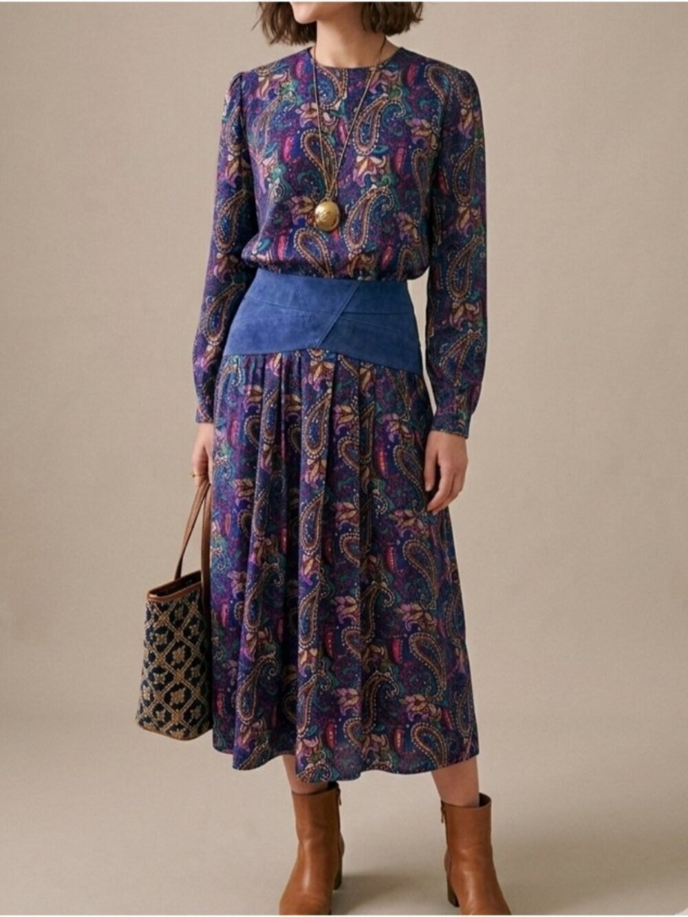 Vintage 80s 90s Purple Suede Rayon Paisley Floral Print Midi Dress Long Sleeves